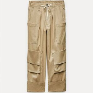 (J) Zara Women Linen Blend Cargo Pants Beige, Straight Leg, Wide Cuffs at Ankle